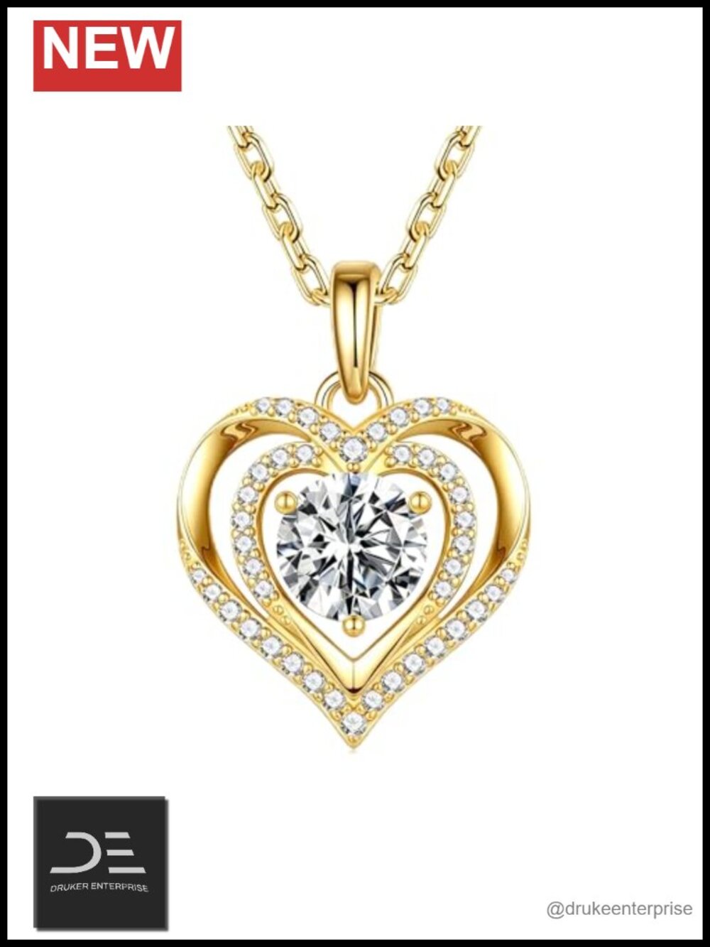 925 Sterling Silver Double Heart Moissanite Pendant Necklace 19 inch